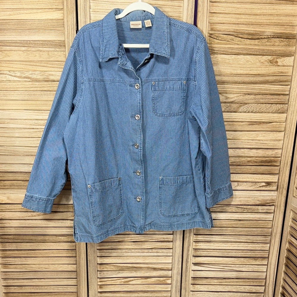 CrossRoads Woman Light Weight Button Down Long Sleeve Blue  & White Jacket 1X